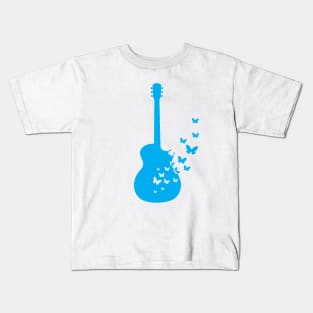 Acoustic Guitar Silhouette Turning Into Butterflies Blue Kids T-Shirt